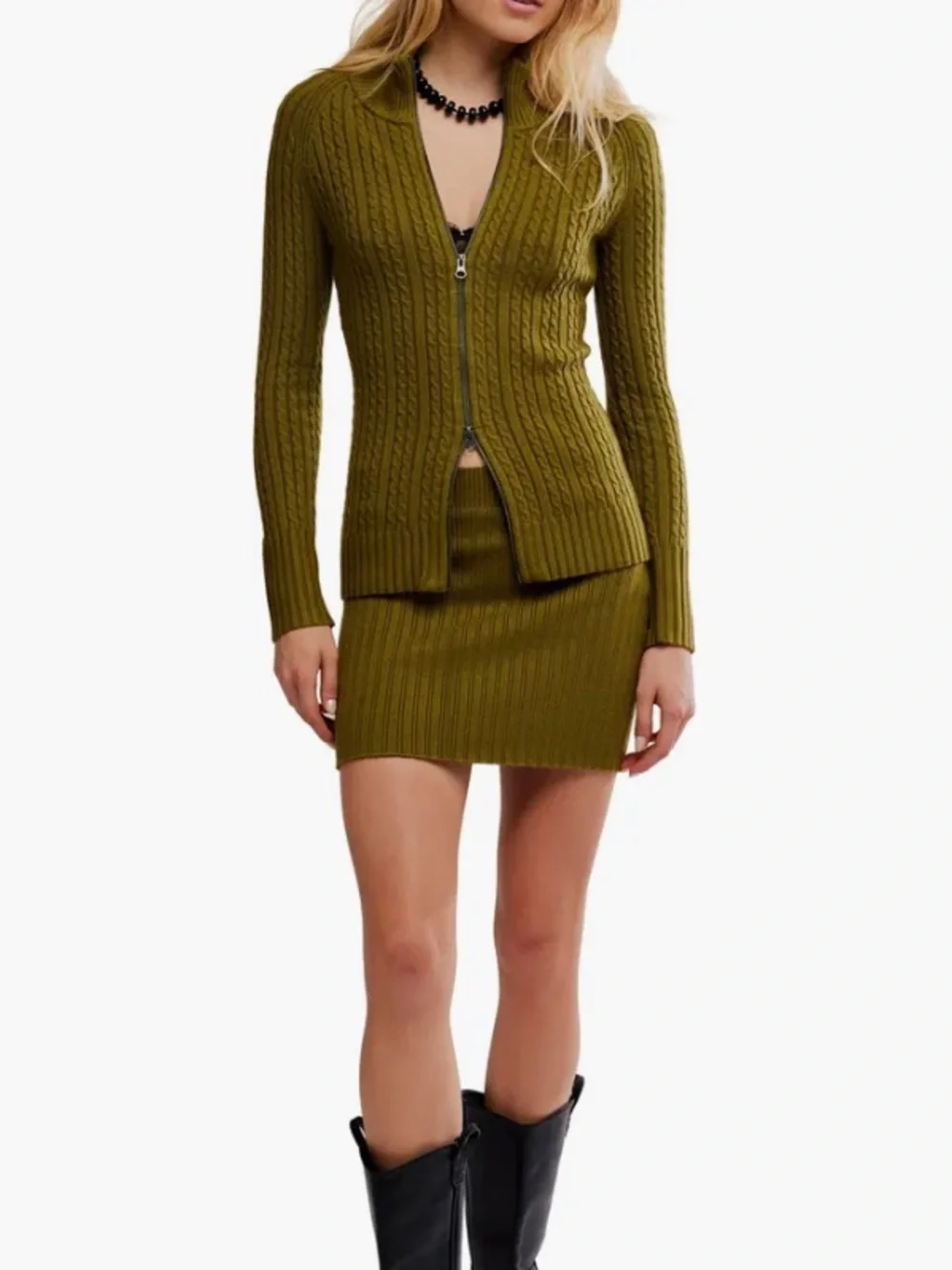 Free People Eliza Cable Zip-Up Cardigan & Rib Miniskirt Set - Picture 1 of 5